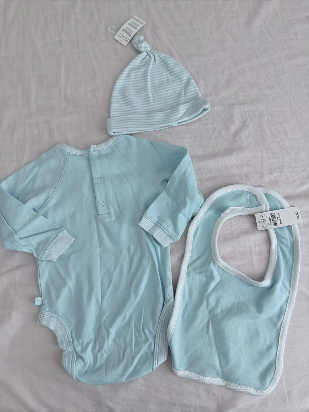 The Children's Place Baby Blue 3-Piece Matching Set - Hat, Onesie & Bib